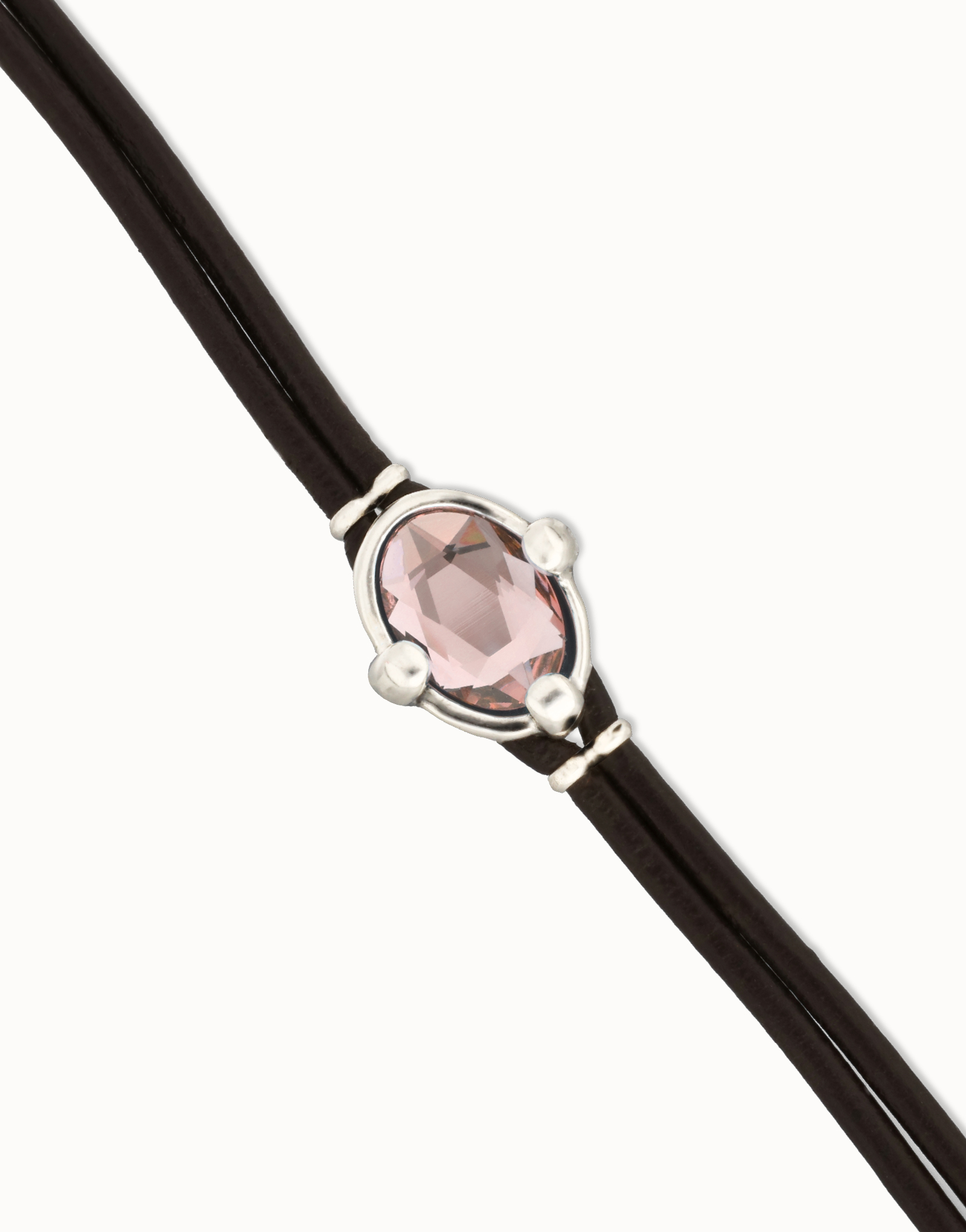 Leather bracelet with pink oval faceted crystal, Silver, large thumbnail